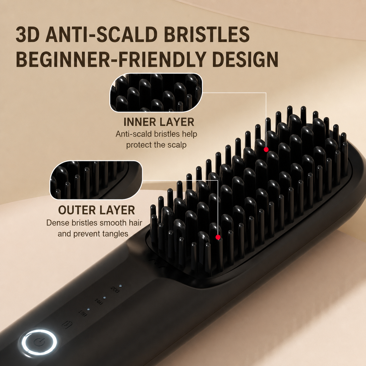 Rechargeable Hair Straightener Brush with Ceramic Teeth and Ion Release, Travel Pouch