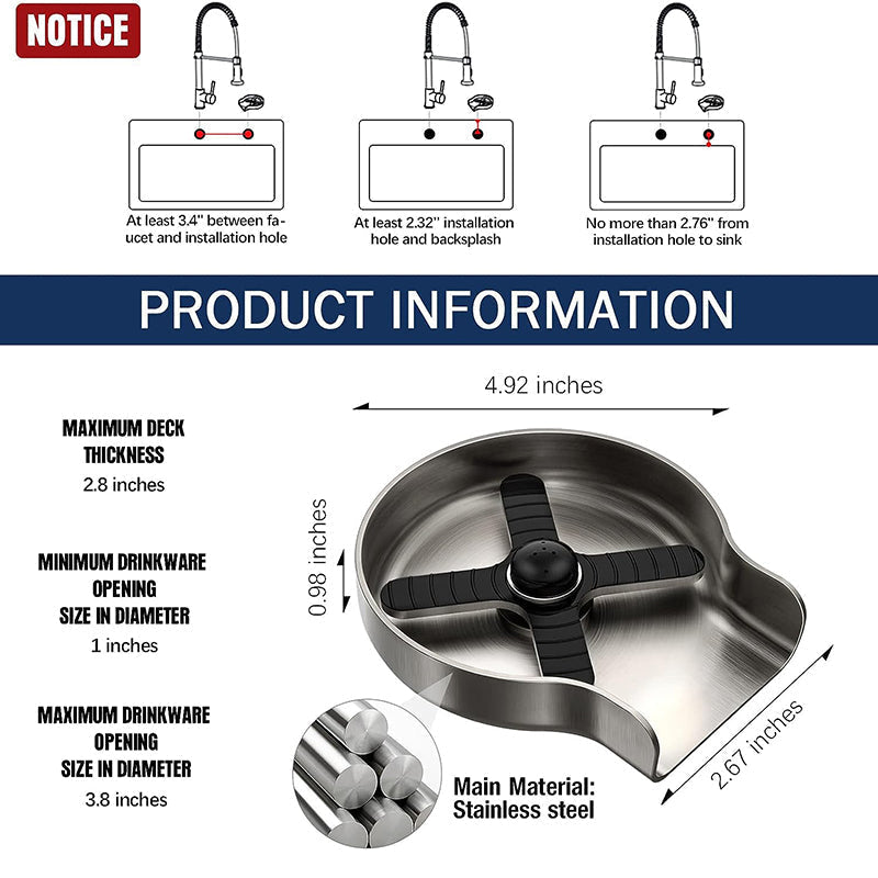 Stainless Steel Kitchen Sink Glass Rinser with Multi Angle Spray Jets and Automatic Shutoff