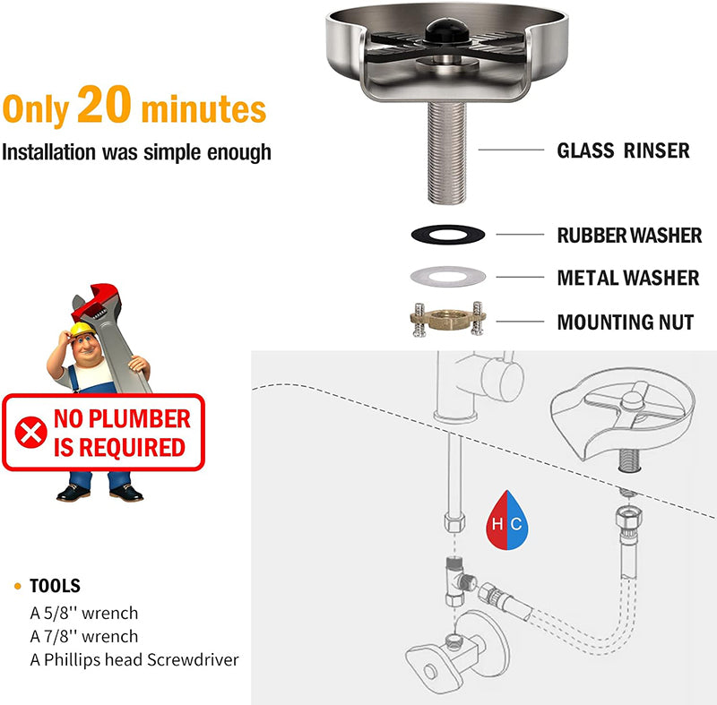 Stainless Steel Kitchen Sink Glass Rinser with Multi Angle Spray Jets and Automatic Shutoff