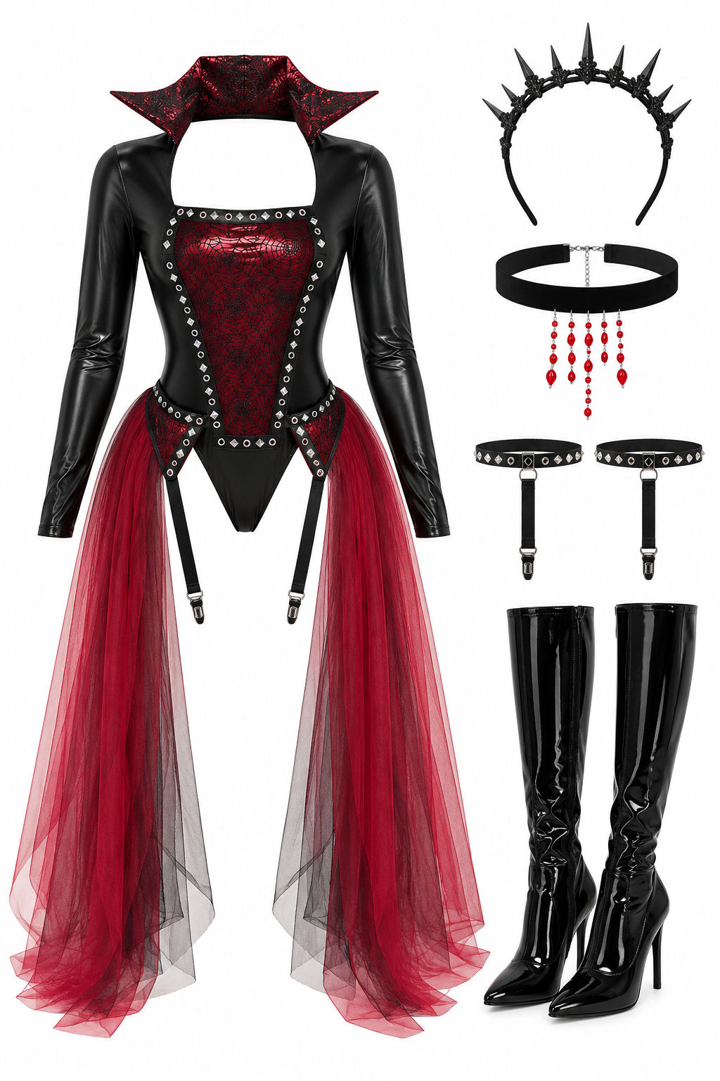 Vampire Queen Costume Set with Attached Skirt Romper and Collar Piece