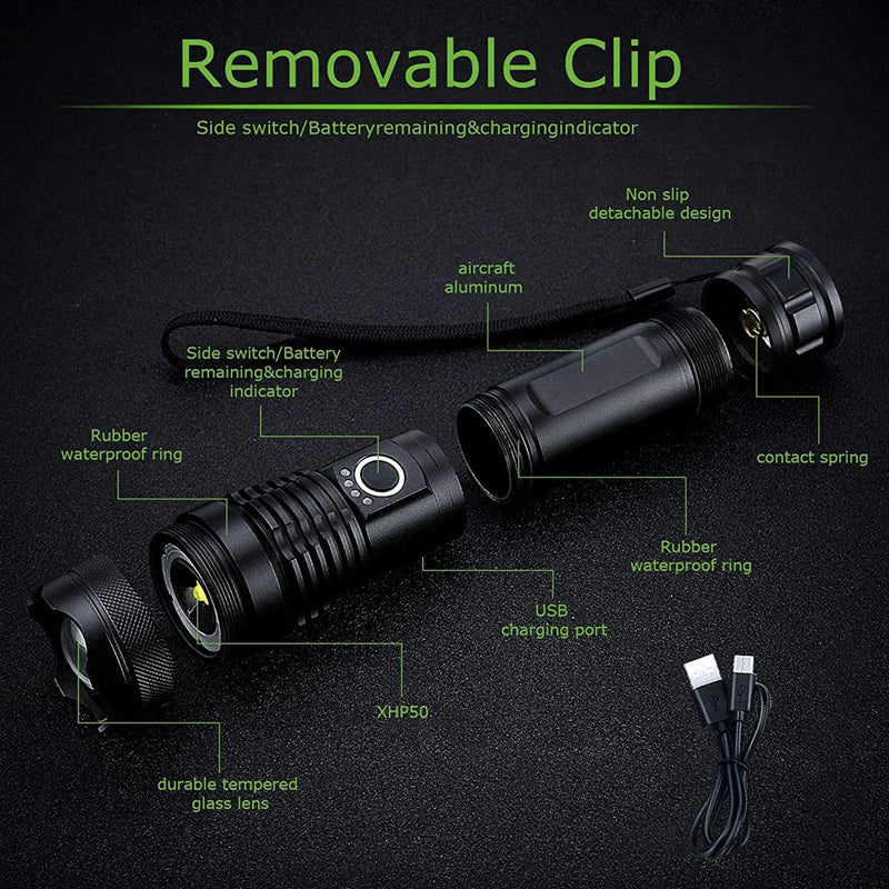 Rechargeable Tactical Flashlight with 12000 Lumens and Adjustable Beam, 550m Range