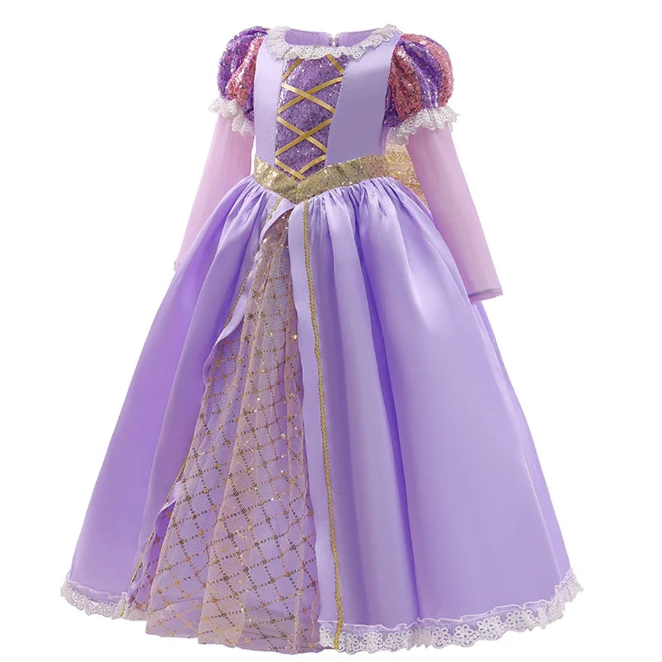 Girls Ball Gown Dress with Puff Sleeves and Applique Detailing, Mid Calf Length