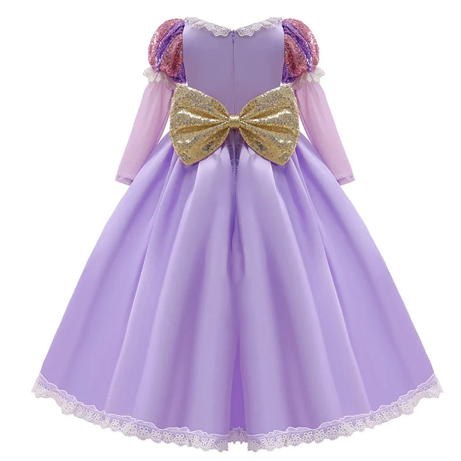 Girls Ball Gown Dress with Puff Sleeves and Applique Detailing, Mid Calf Length