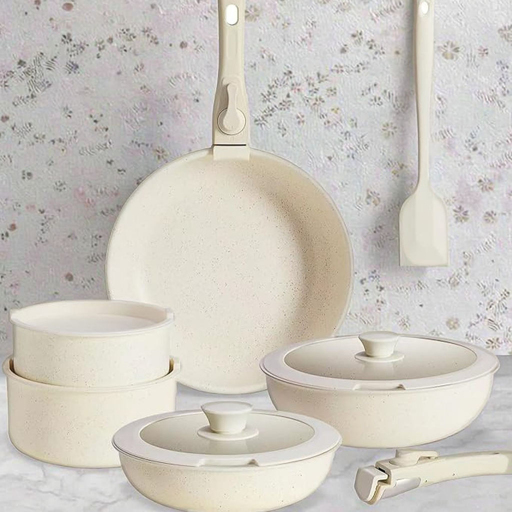 12 Piece Granite Non Stick Cookware Set, Ceramic Aluminum Pots and Pans, Detachable Handle, Stackable Induction Safe Cookware