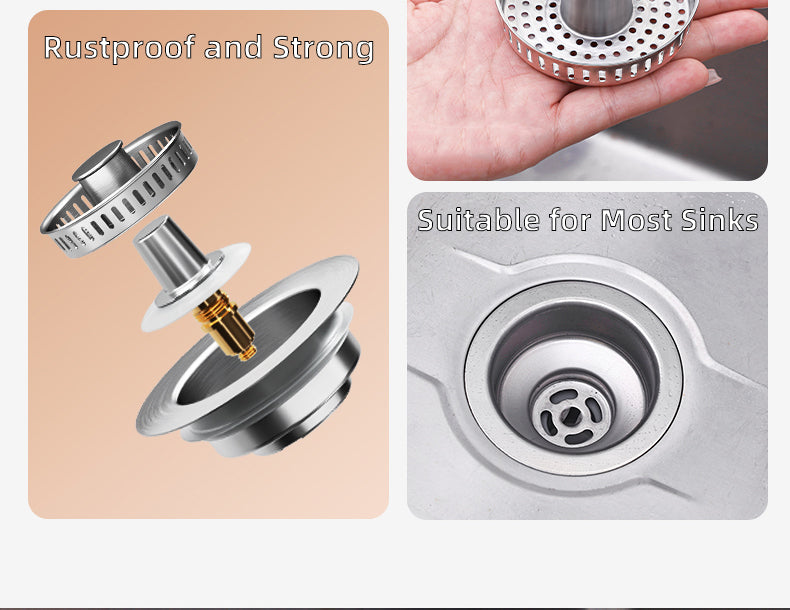 Push Button Sink Drain Strainer with Steel Basket and Silicone Seal