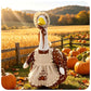 23 Inch Porch Goose Outfit Set, 2 Piece Thanksgiving Pumpkin Print Dress and Ruffled Hat for Fall Outdoor Decor