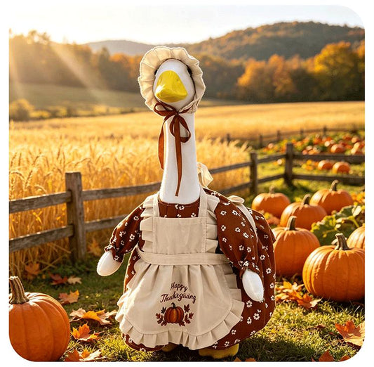 23 Inch Porch Goose Outfit Set, 2 Piece Thanksgiving Pumpkin Print Dress and Ruffled Hat for Fall Outdoor Decor