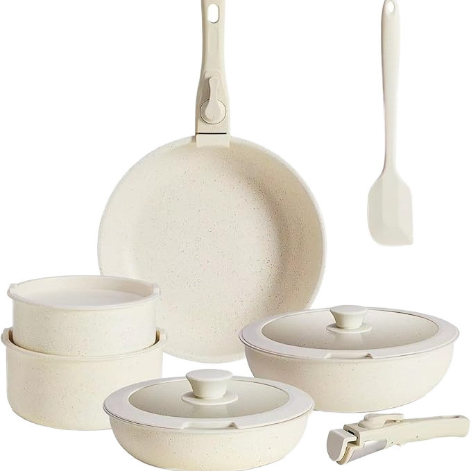 12 Piece Granite Non Stick Cookware Set, Ceramic Aluminum Pots and Pans, Detachable Handle, Stackable Induction Safe Cookware