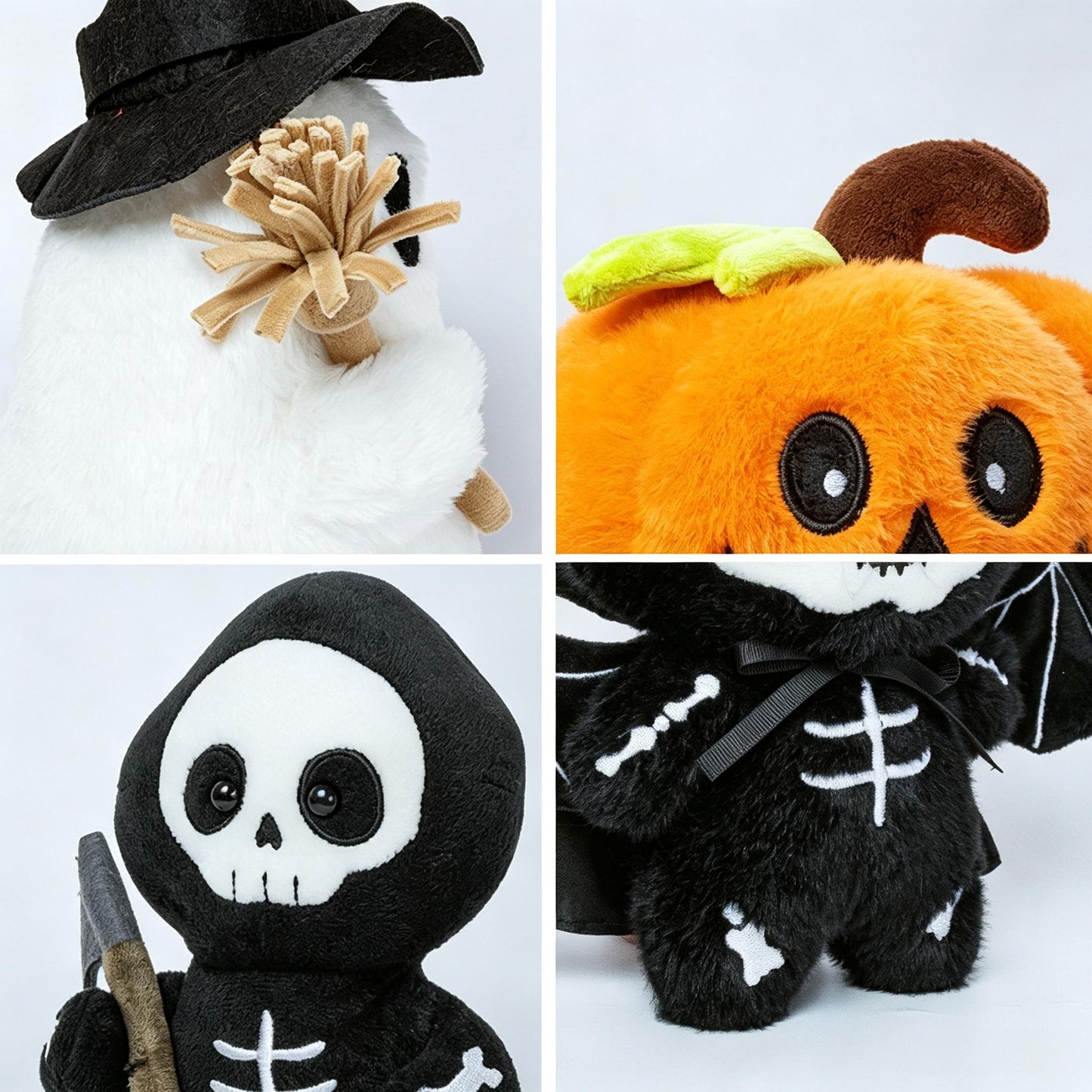 Soft Plush Halloween Characters with Embroidered Faces and Seasonal Designs