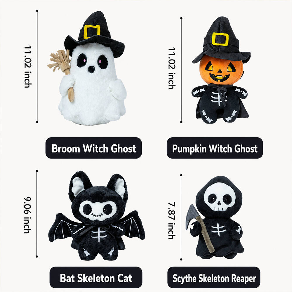 Soft Plush Halloween Characters with Embroidered Faces and Seasonal Designs
