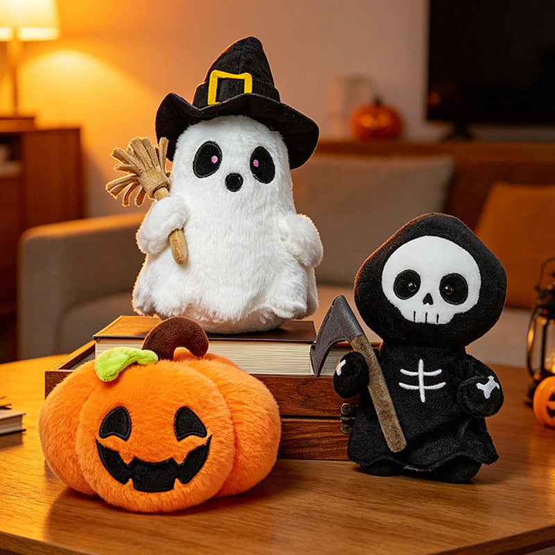 Soft Plush Halloween Characters with Embroidered Faces and Seasonal Designs