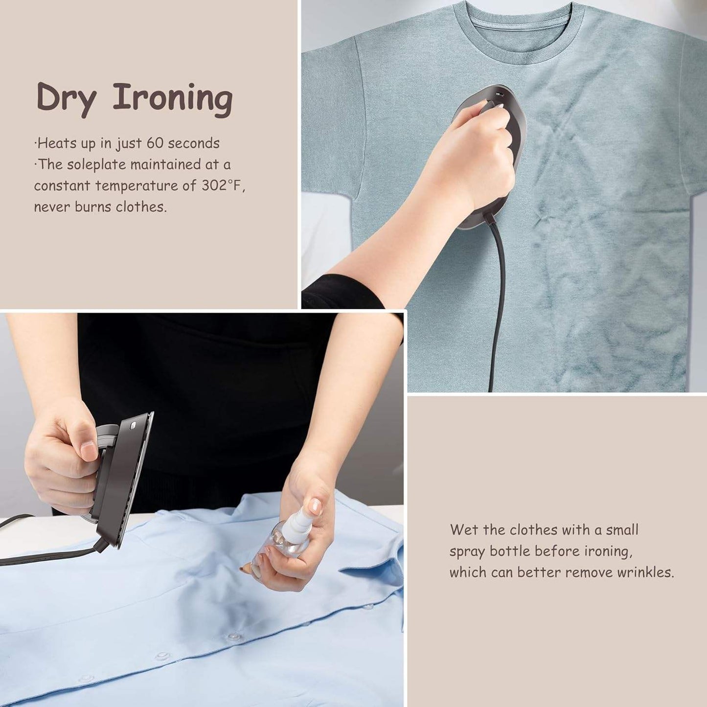 Compact Travel Iron with Foldable Handle and Rapid Heating Plate