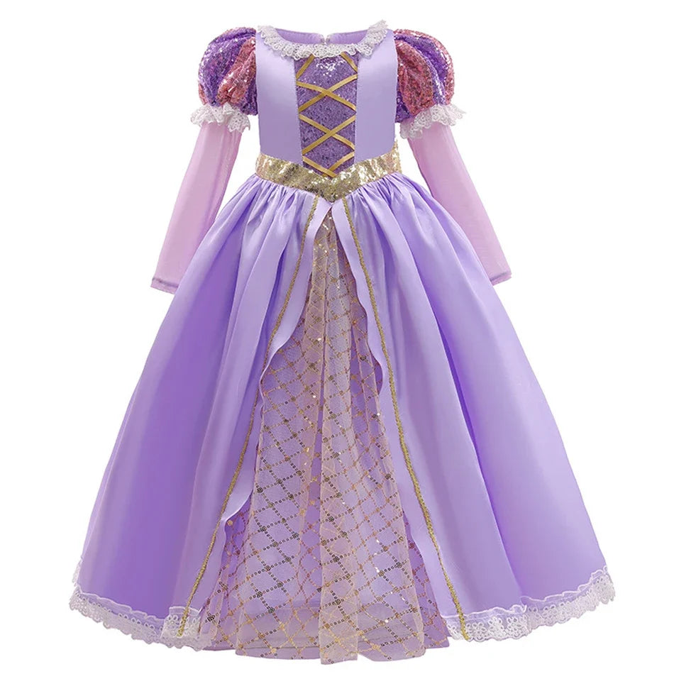 Girls Ball Gown Dress with Puff Sleeves and Applique Detailing, Mid Calf Length