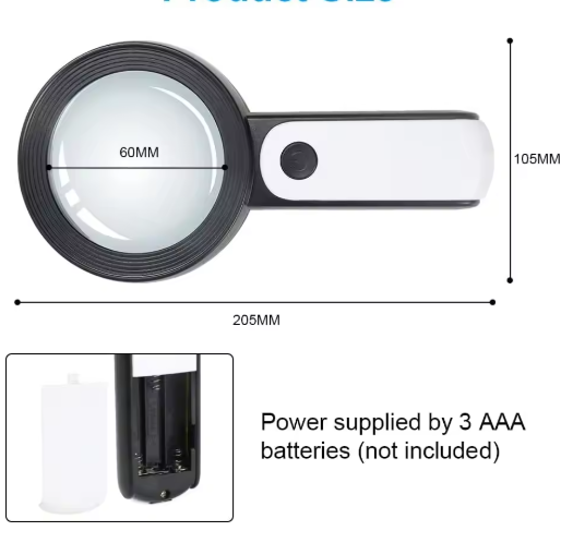 30X Handheld Magnifier with 12 LED Lights and Acrylic Lens