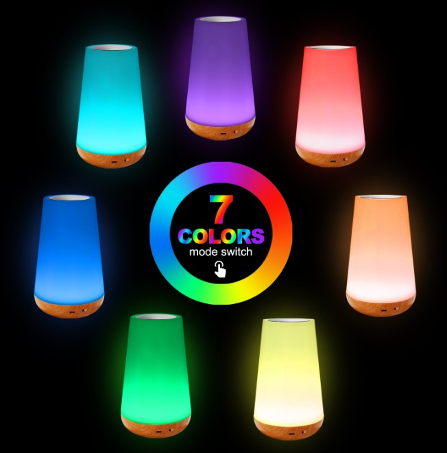 Night Light, LED Touch Bedside Table Lamp, 7 RGB Colours Changing, 5 Brightness Level Switch, Timing Function, Rechargable Remote