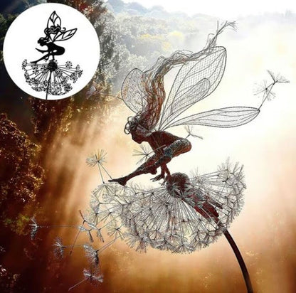 Mygametables Fairy Steel Garden Sculpture, Metal Fairy on Dandelion