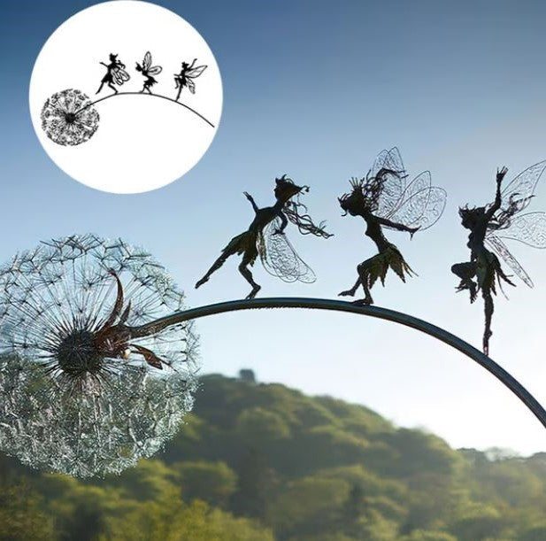 Mygametables Fairy Steel Garden Sculpture, Metal Fairy on Dandelion
