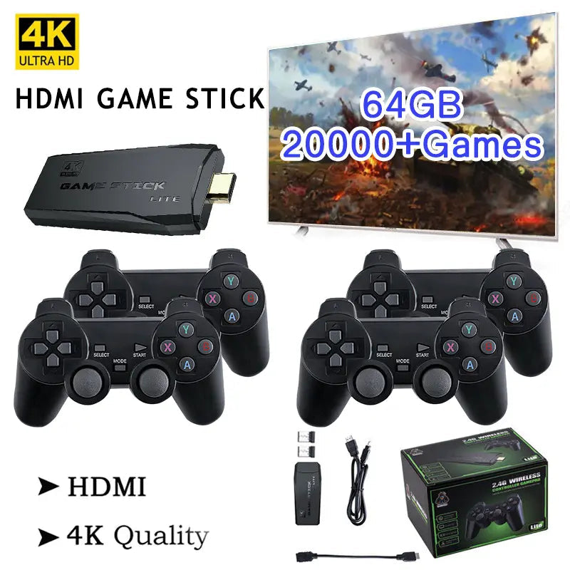 Mygametables HDMI 4K TV Game Stick Console, 64GB Retro Gaming System with Wireless Gamepads