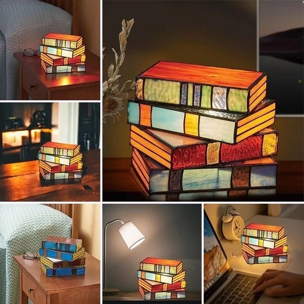 Mygametables Stained Glass Stacked Books Lamp