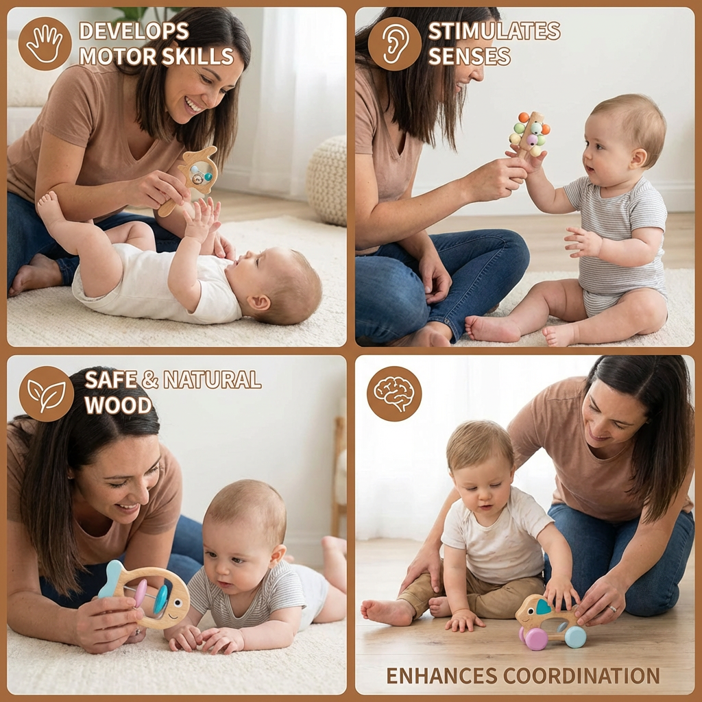 Wooden Baby Rattle Set with Soft Sounds and Multiple Shapes for Newborns