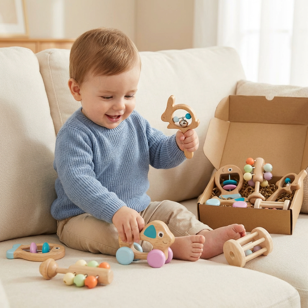Wooden Baby Rattle Set with Soft Sounds and Multiple Shapes for Newborns