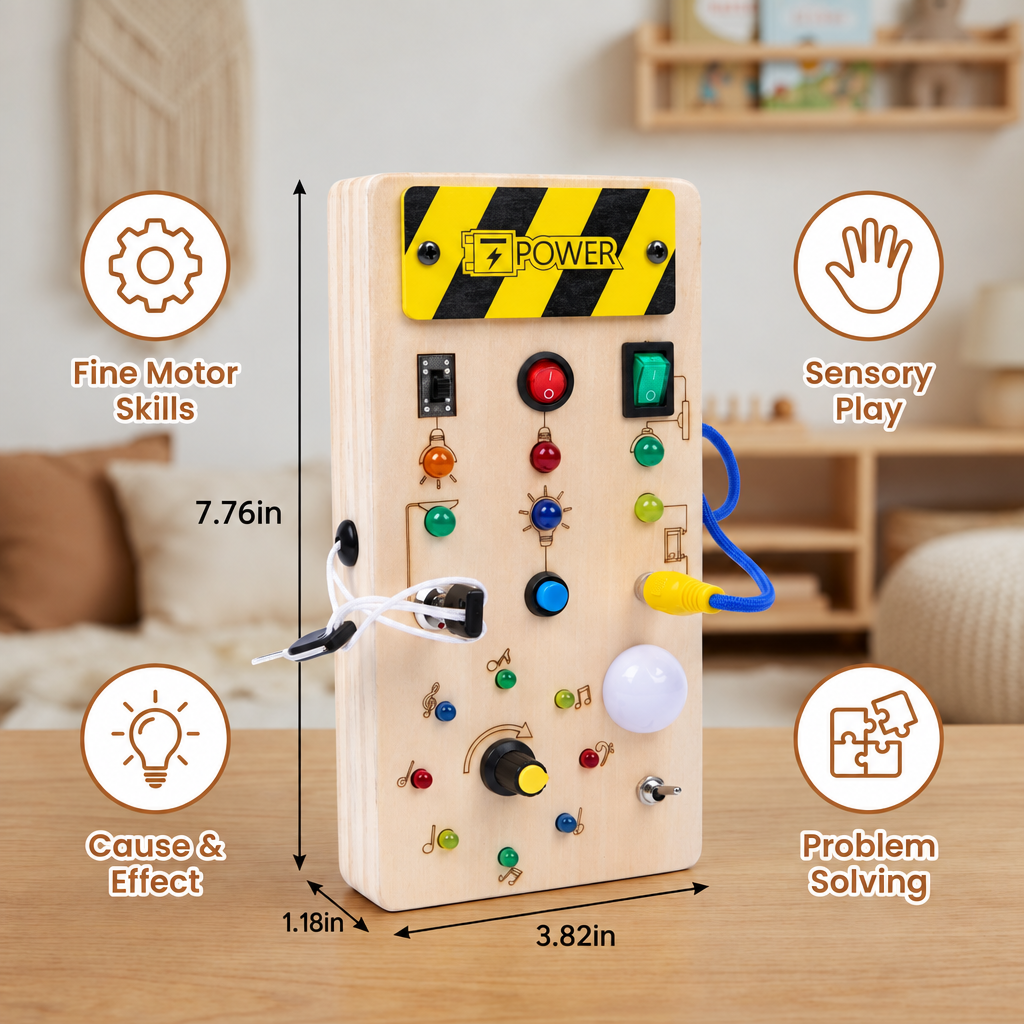 Wooden Sensory Board with Working Switches and LED Lights for Toddlers