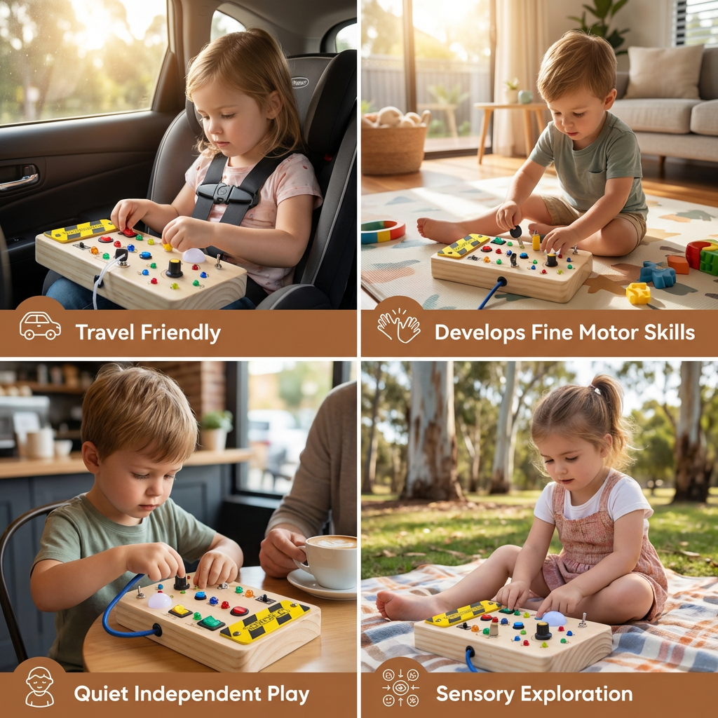 Wooden Sensory Board with Working Switches and LED Lights for Toddlers