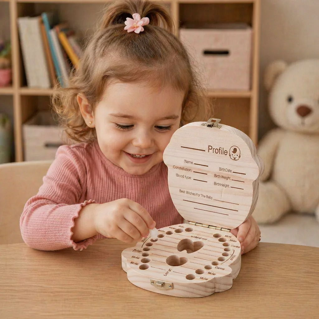 Wooden Tooth Storage Box with Compartments and Writable Surface