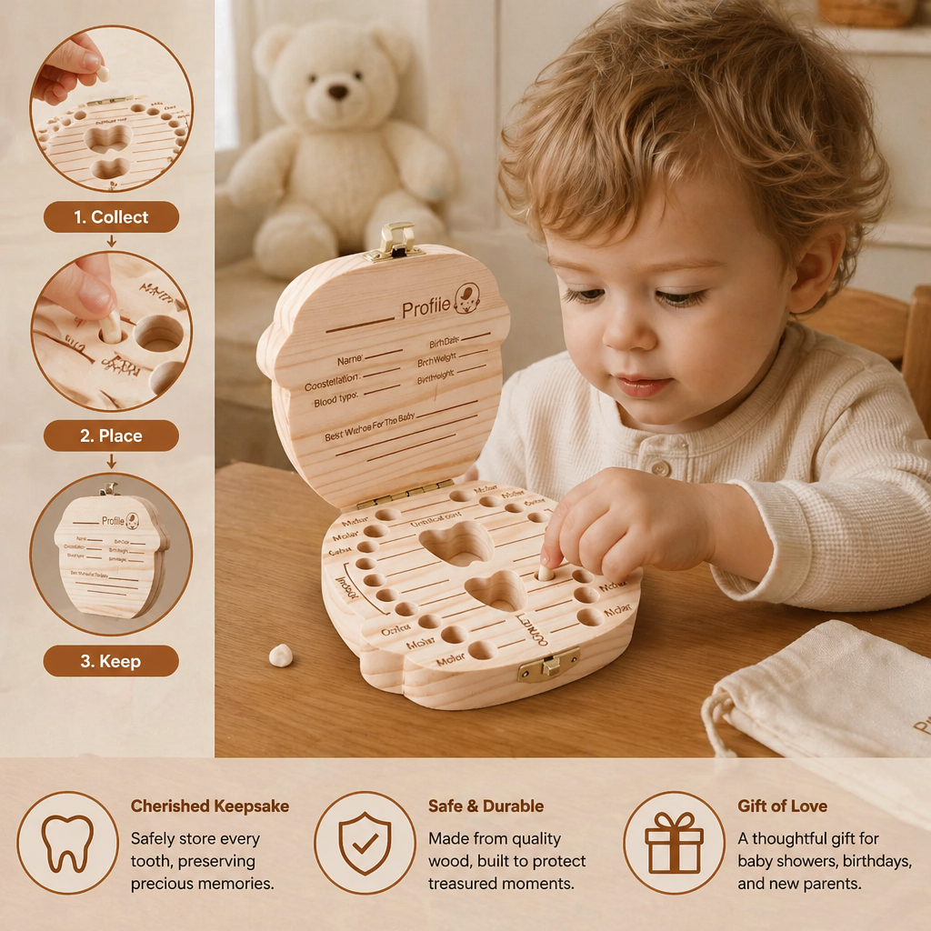Wooden Tooth Storage Box with Compartments and Writable Surface