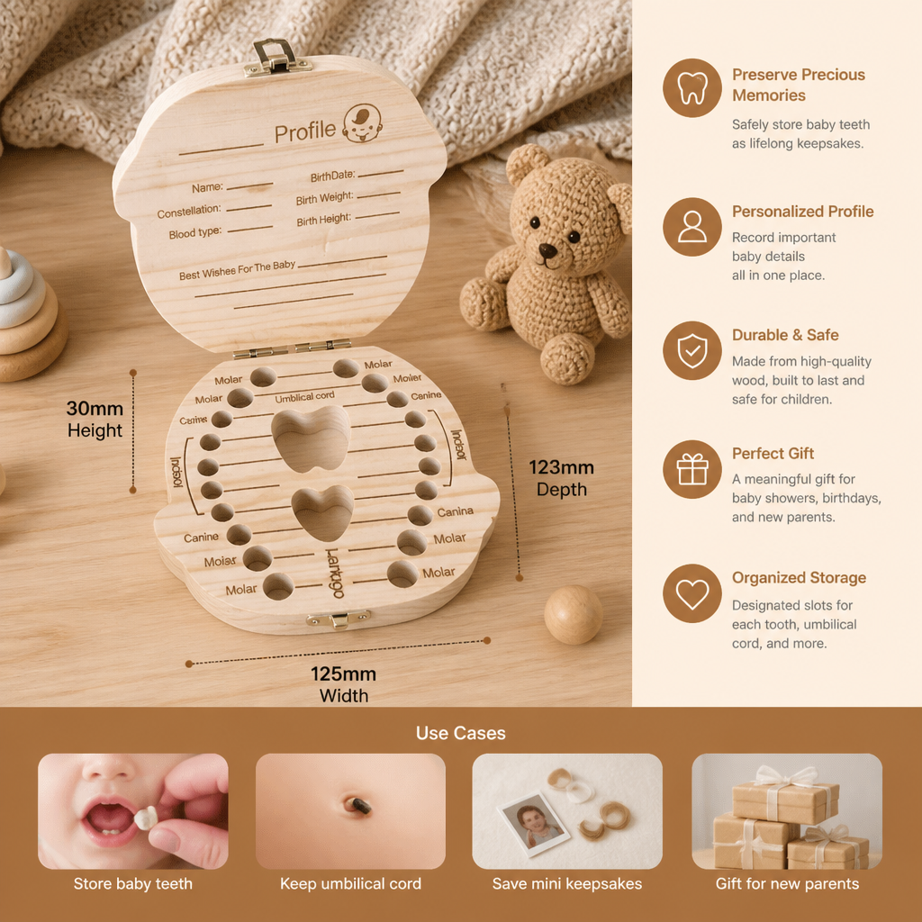 Wooden Tooth Storage Box with Compartments and Writable Surface