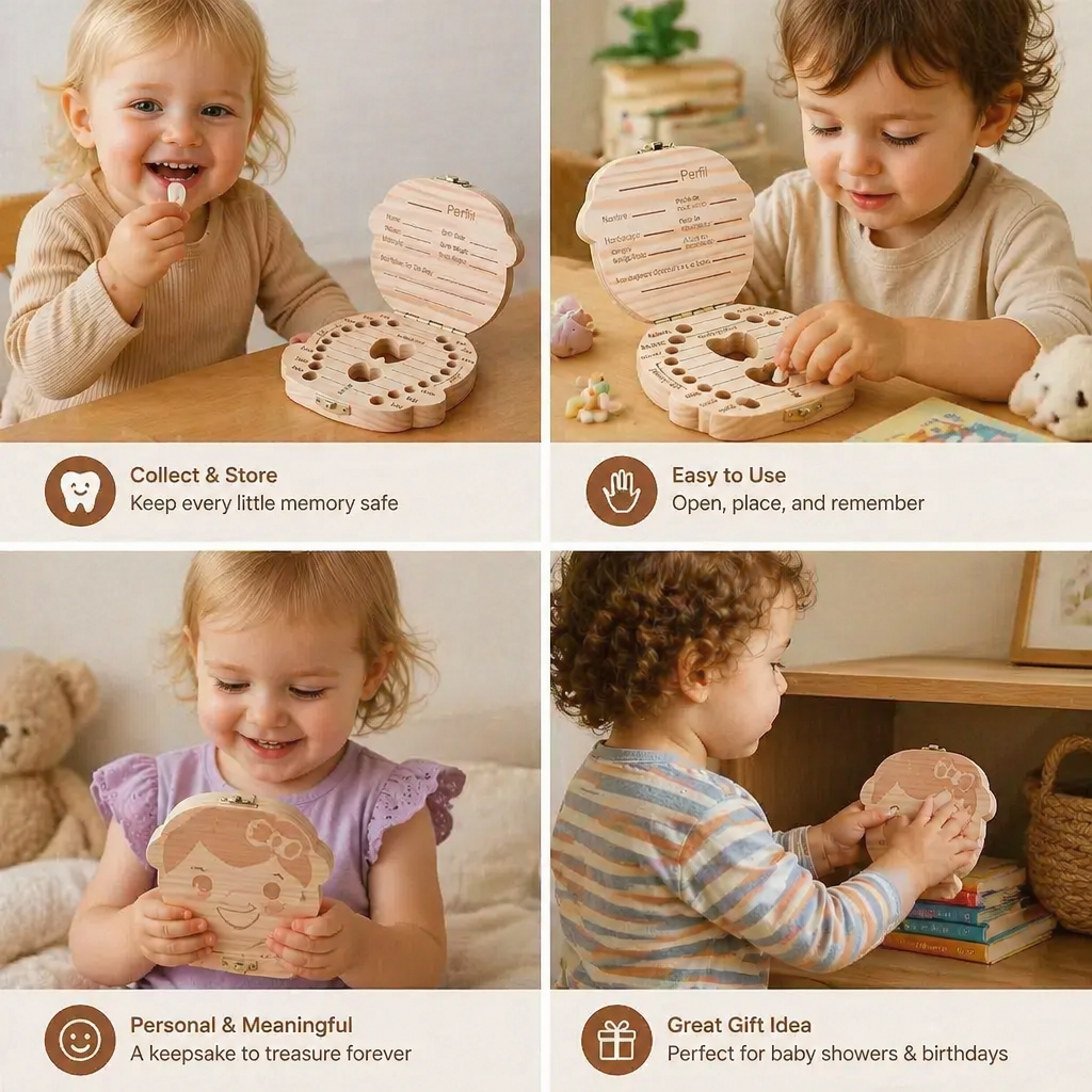 Wooden Tooth Storage Box with Compartments and Writable Surface