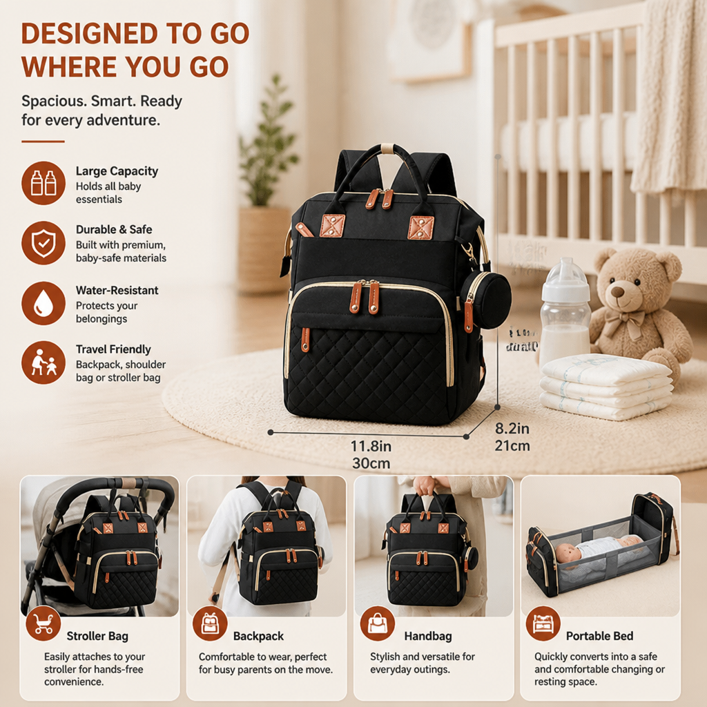 Convertible Diaper Backpack with Foldable Baby Bed and Changing Surface