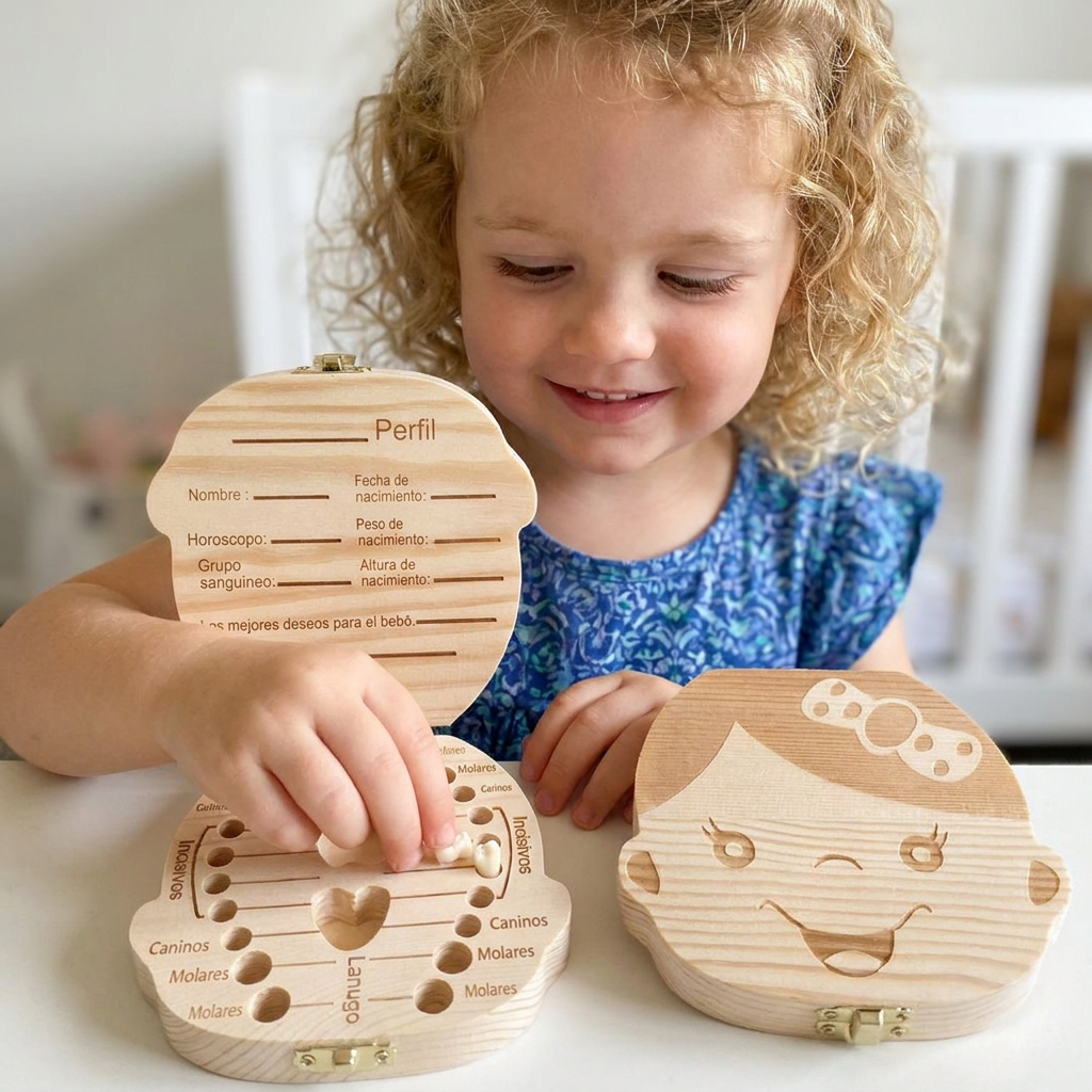Wooden Tooth Storage Box with Compartments and Writable Surface