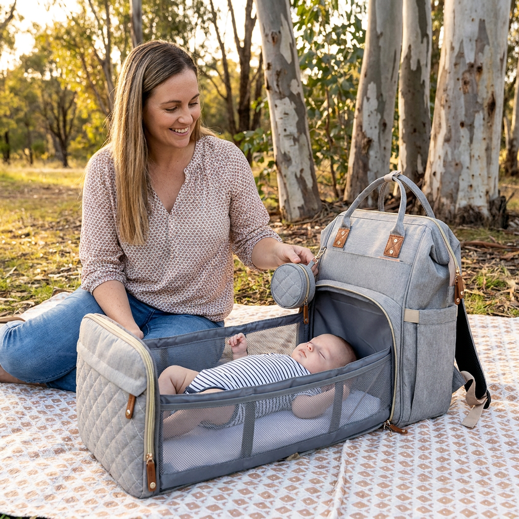 Convertible Diaper Backpack with Foldable Baby Bed and Changing Surface