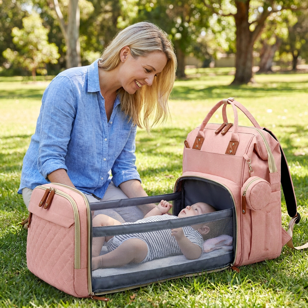 Convertible Diaper Backpack with Foldable Baby Bed and Changing Surface