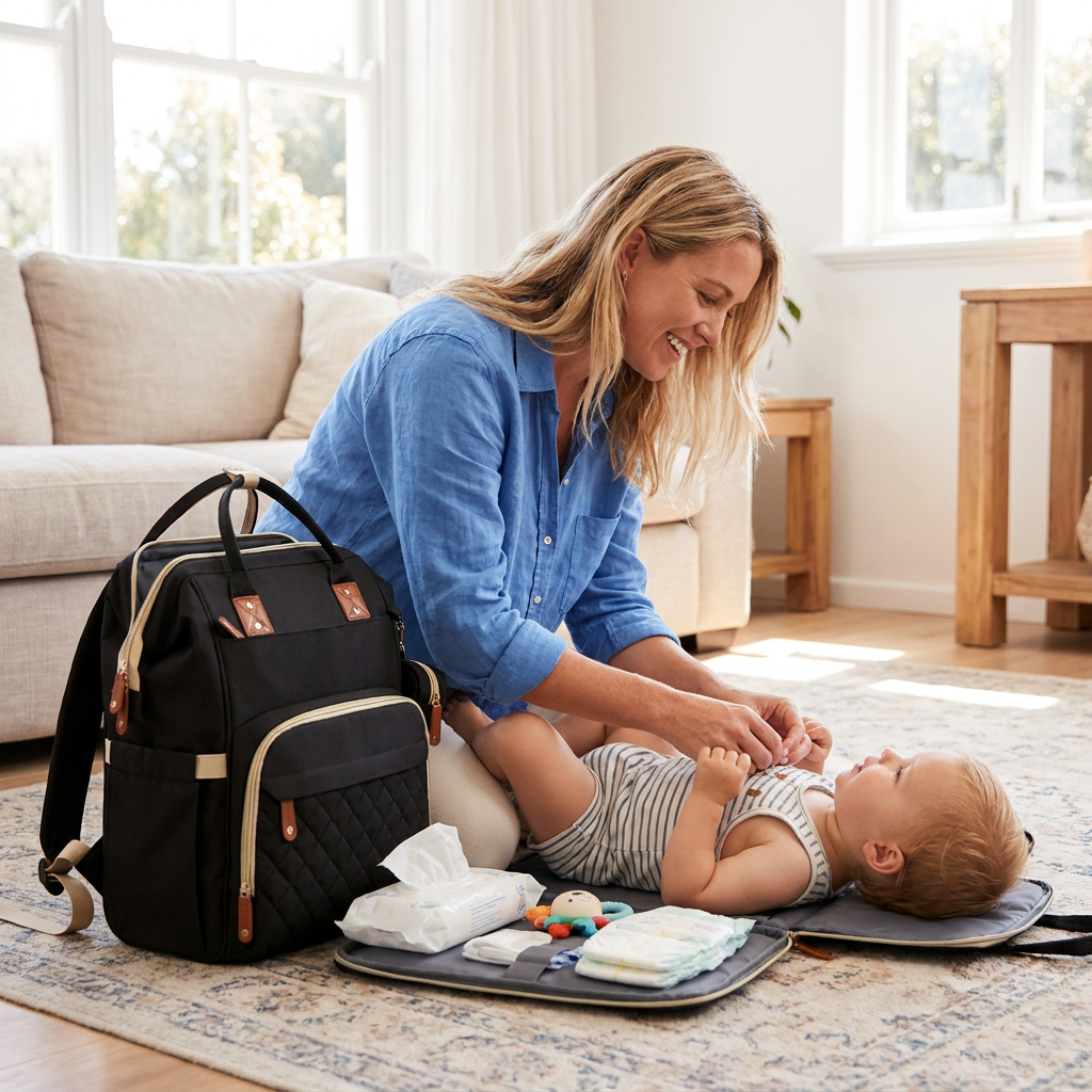 Convertible Diaper Backpack with Foldable Baby Bed and Changing Surface