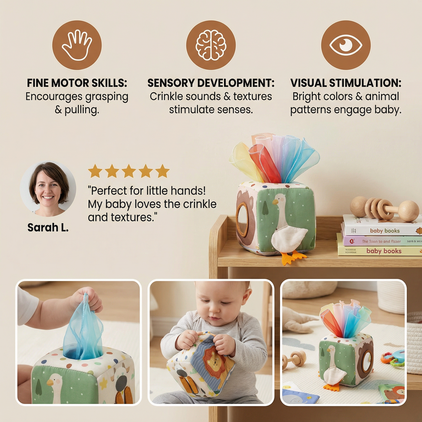 Sensory Tissue Box with Crinkle Fabric and Varied Textures for Babies