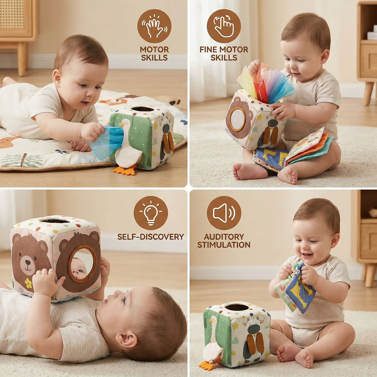 Sensory Tissue Box with Crinkle Fabric and Varied Textures for Babies