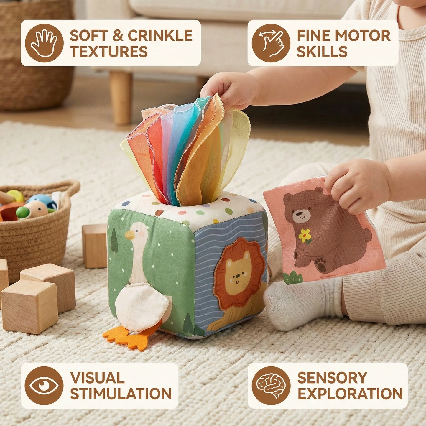 Sensory Tissue Box with Crinkle Fabric and Varied Textures for Babies