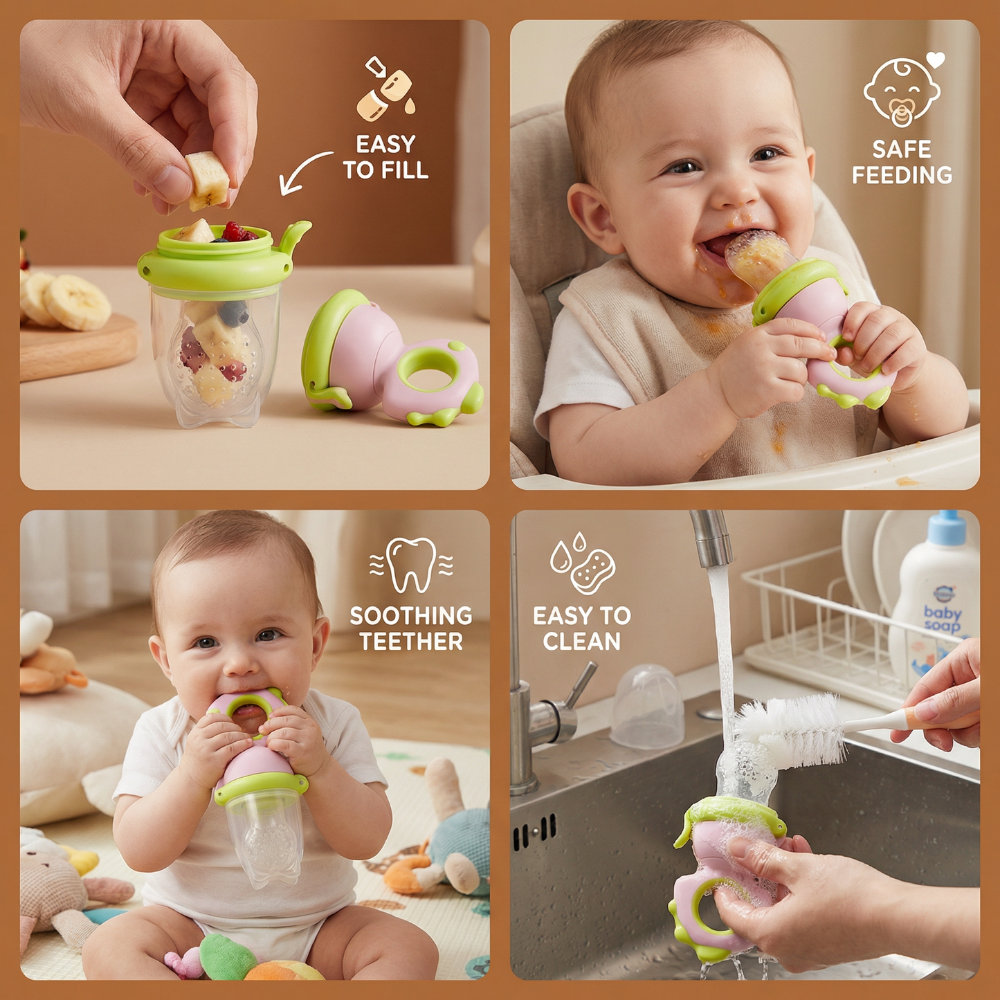 Silicone Fruit Feeder with Press Plunger and Teething Relief for Babies