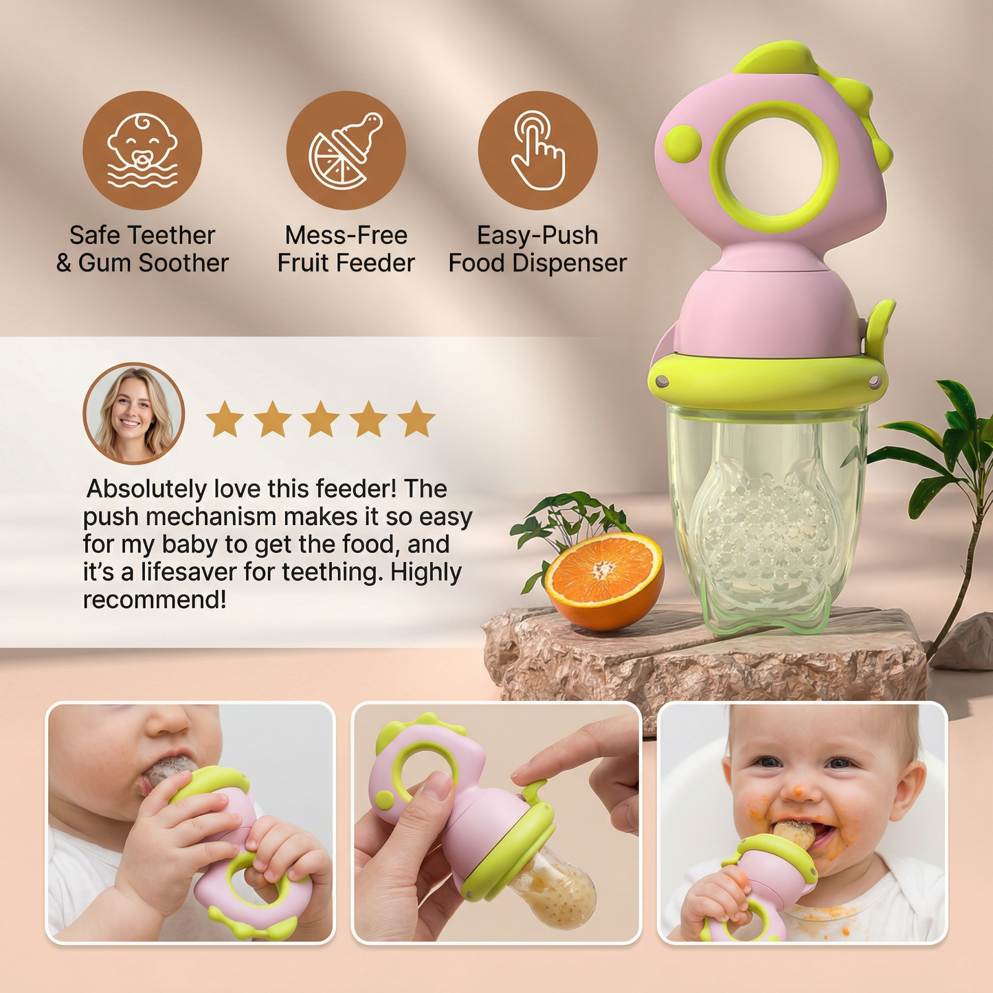 Silicone Fruit Feeder with Press Plunger and Teething Relief for Babies