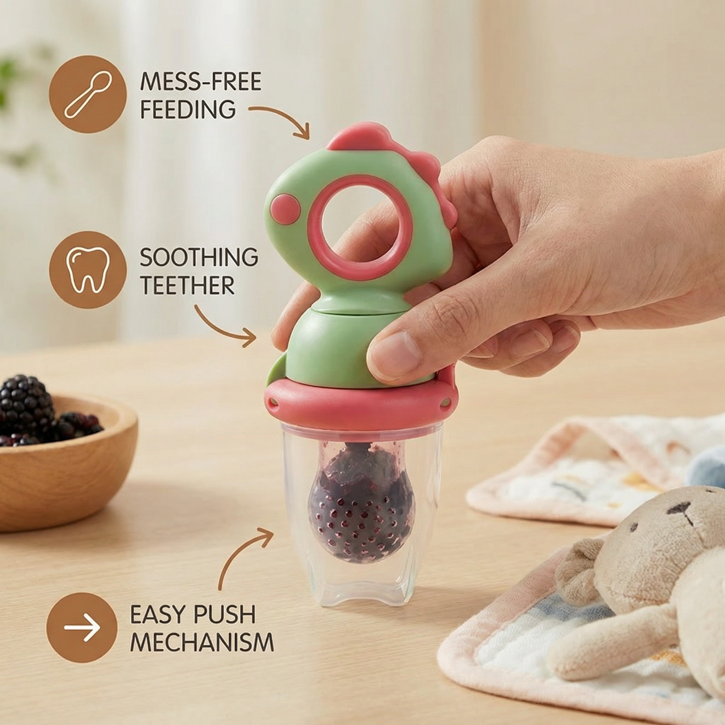 Silicone Fruit Feeder with Press Plunger and Teething Relief for Babies