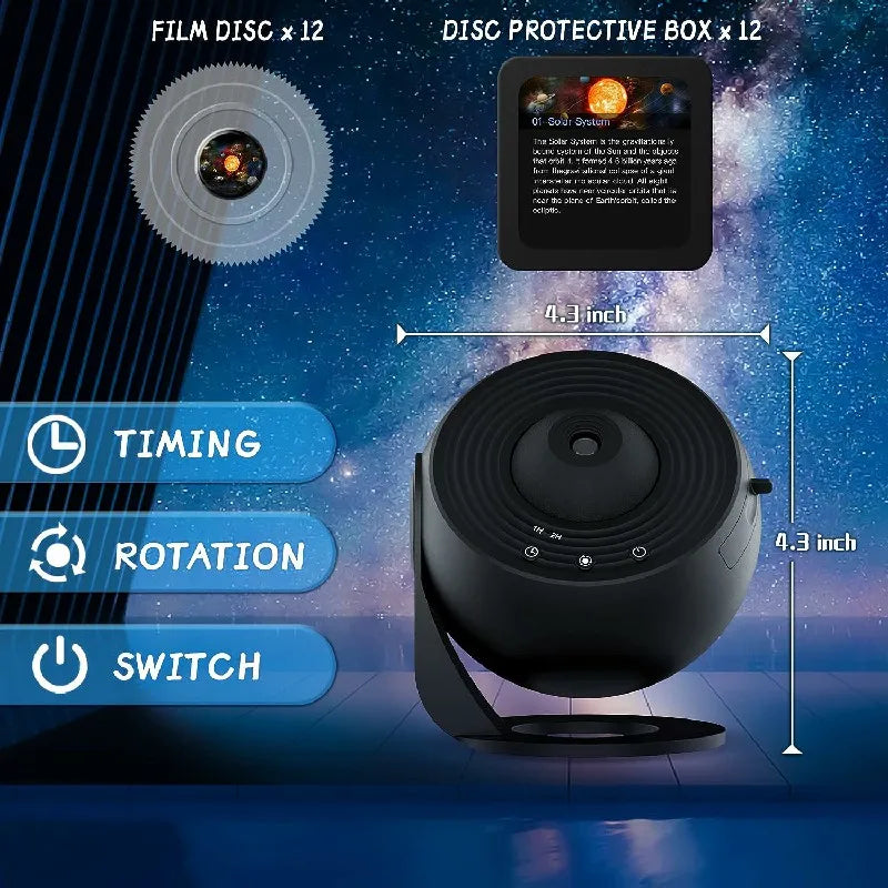 Rotating Galaxy Projector with 12 Film Discs and Manual Focus, Silent Operation