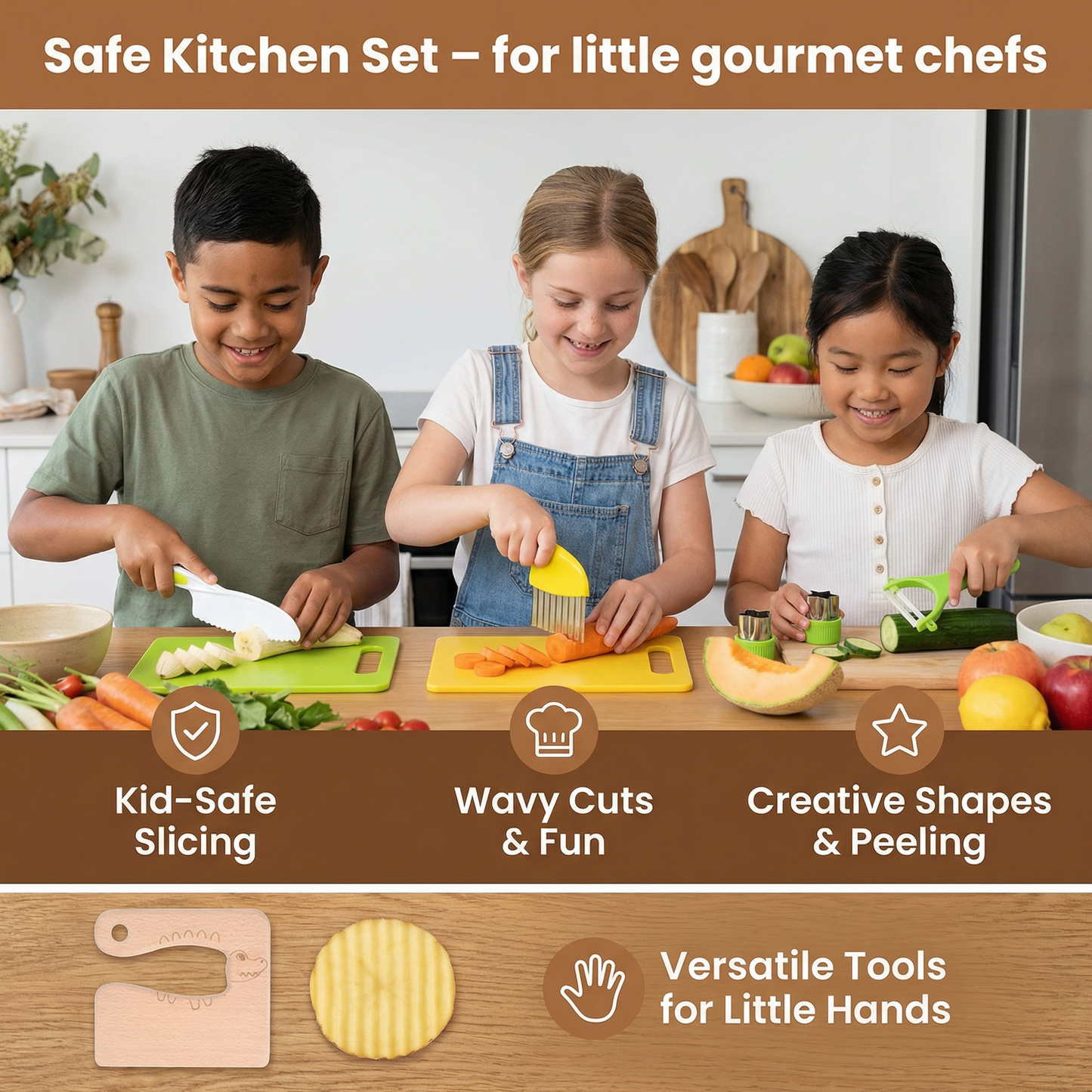 Childrens Play Kitchen Tool Set with Easy Grip Handles and Pretend Cooking Accessories