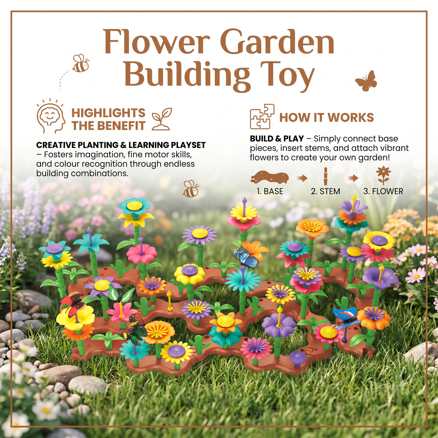 Flower Pegging Game with Multiple Peg Shapes and Color Variety