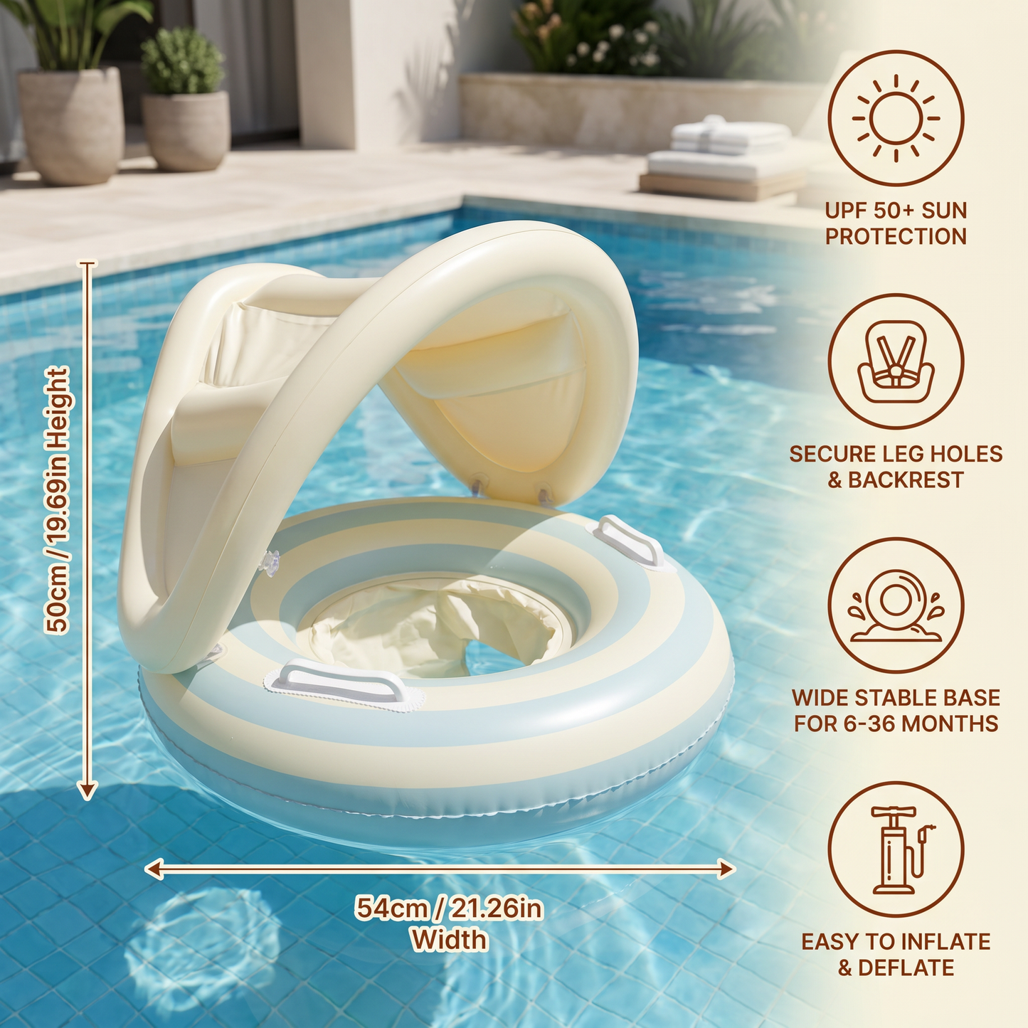 Inflatable Baby Swim Ring with Removable Sun Canopy and Secure Seat, 6 to 36 Months