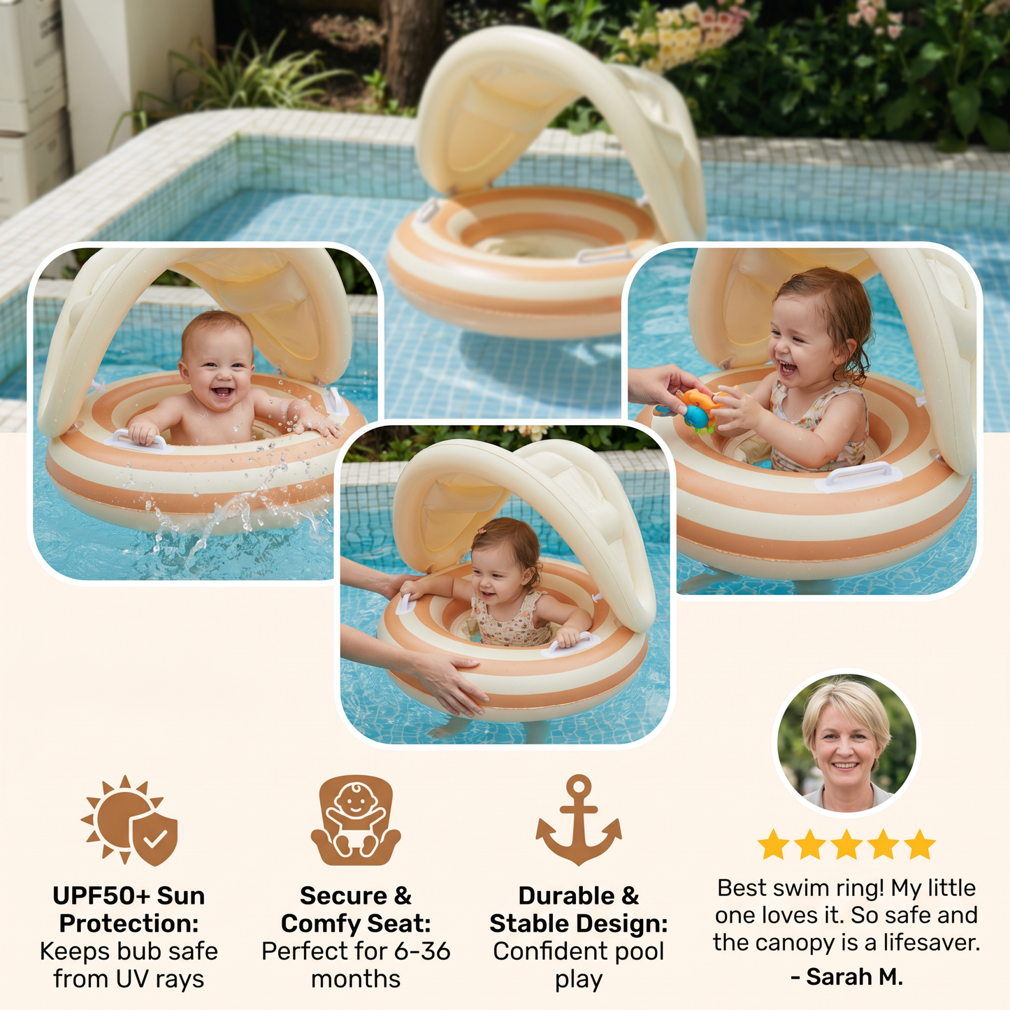 Inflatable Baby Swim Ring with Removable Sun Canopy and Secure Seat, 6 to 36 Months