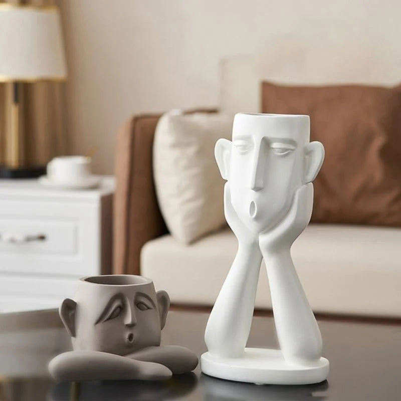 Face Shaped Plant Vases Set with Ceramic Construction and Sculptural Details