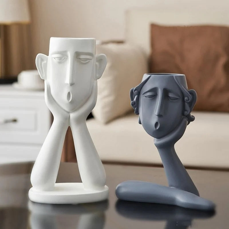 Face Shaped Plant Vases Set with Ceramic Construction and Sculptural Details