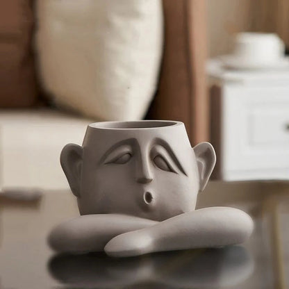Face Shaped Plant Vases Set with Ceramic Construction and Sculptural Details